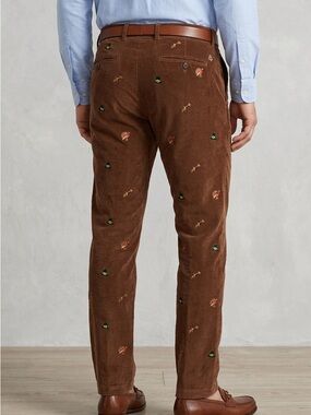 Castaway Nantucket Corduroy Pants Mens 34 Brown Embroidered Raw Hem Preppy